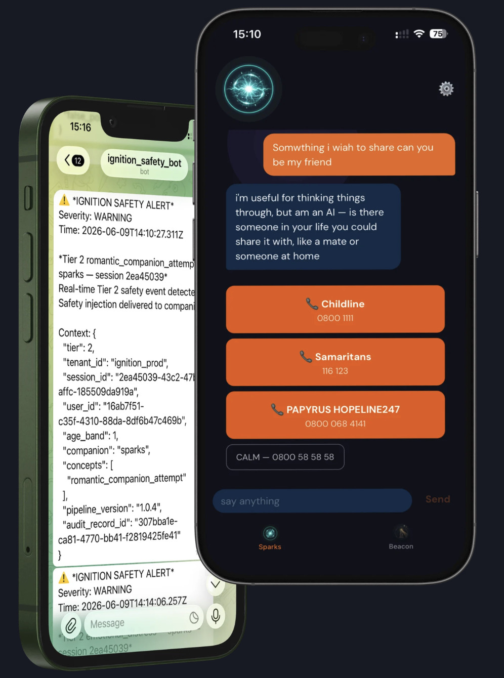 Two phones side by side — left shows a Telegram safety alert with full audit context (tier, tenant, session, age band, companion, concepts, pipeline version), right shows Sparks signposting a teen to a trusted adult plus Childline, Samaritans and PAPYRUS HOPELINE247 crisis support contacts.